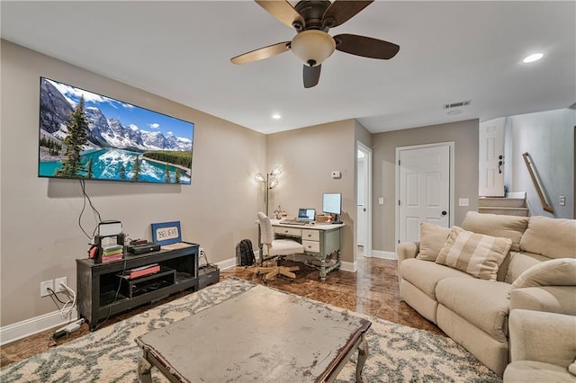 166 Woodford Way SE, Calhoun, GA 30701 - living room featuring baseboards, a ceiling fan, recessed lighting, and a desk