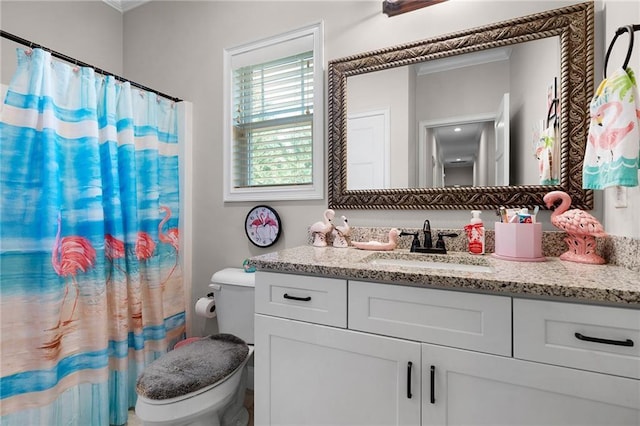 bathroom with a shower with curtain, vanity, and toilet