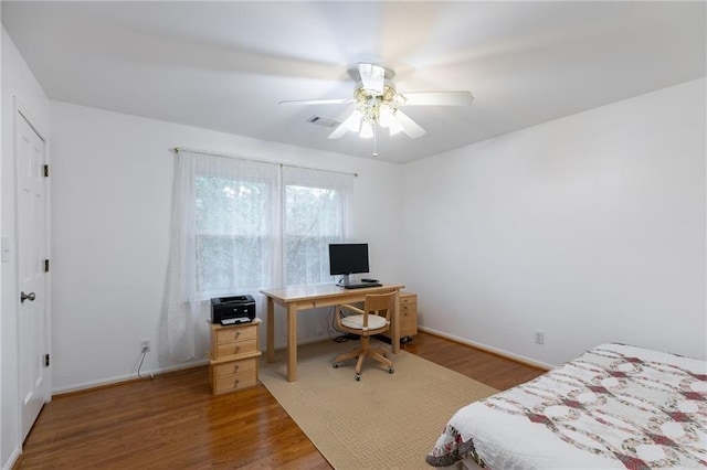 bedroom featuring ceiling fan and wood-type flooring