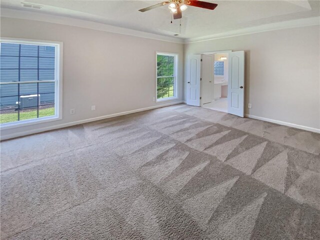 carpeted spare room featuring ceiling fan and ornamental molding