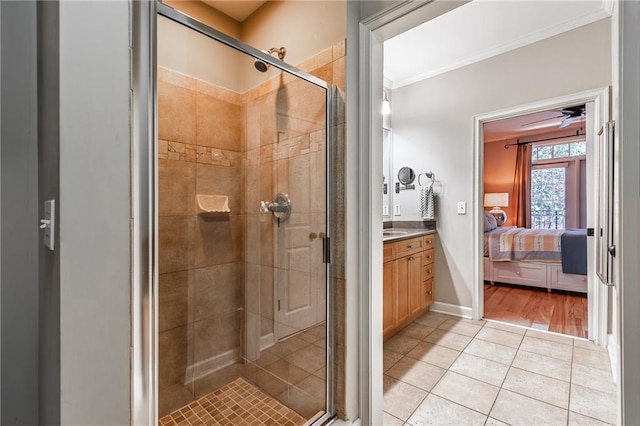 full bath featuring ornamental molding, a stall shower, ensuite bath, and tile patterned floors