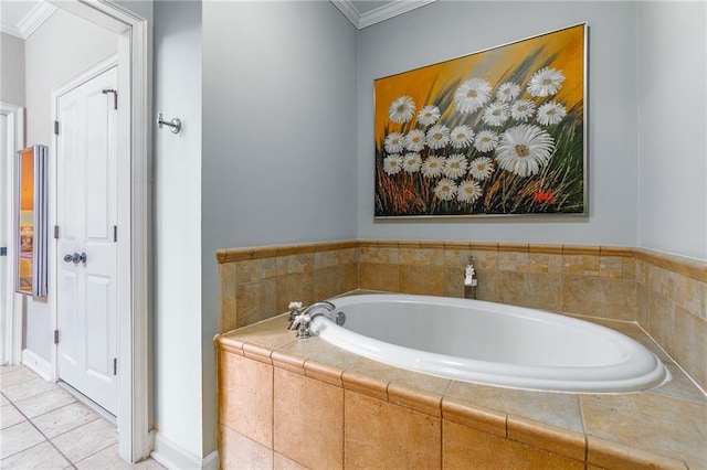 bathroom with tile patterned flooring, a bath, and crown molding