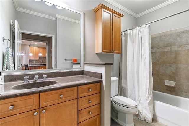 bathroom with shower / tub combo, toilet, ornamental molding, vanity, and backsplash