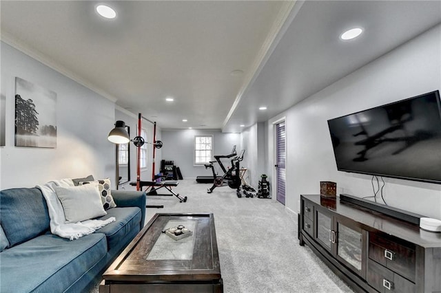 living room featuring crown molding and light colored carpet