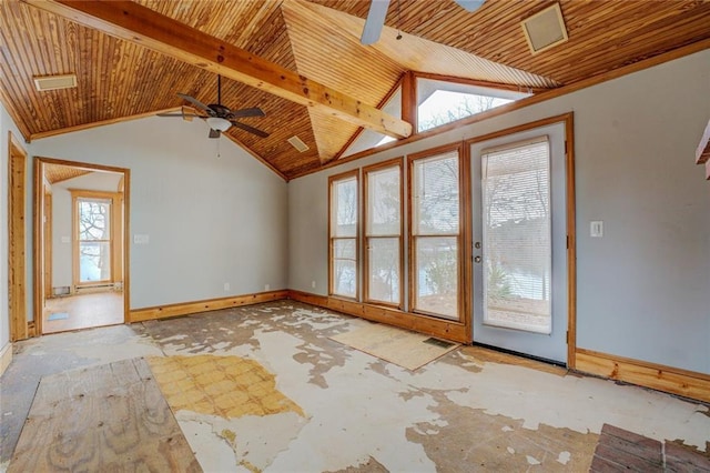 unfurnished living room with ceiling fan, wood ceiling, and vaulted ceiling