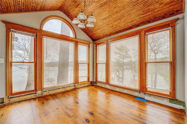 unfurnished sunroom with lofted ceiling, an inviting chandelier, and wood ceiling