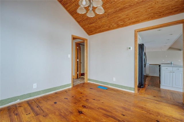 unfurnished room featuring sink, wood ceiling, light wood-type flooring, and vaulted ceiling