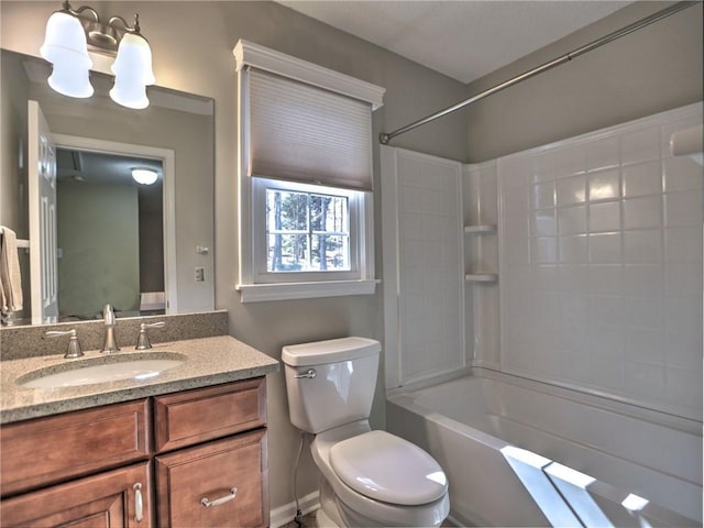 full bath with toilet, a chandelier, vanity, and shower / tub combination