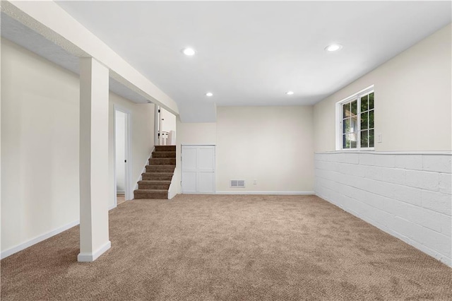 1275 Muirforest Way, Stone Mountain, GA 30088 - basement featuring carpet flooring, stairway, recessed lighting, and baseboards