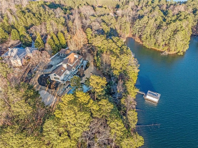 birds eye view of property featuring a water view and a view of trees