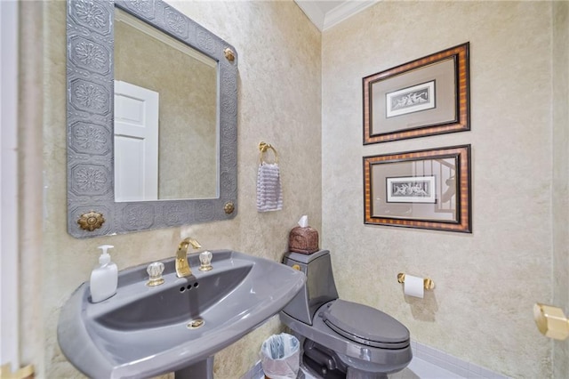 bathroom with ornamental molding, a sink, toilet, and baseboards