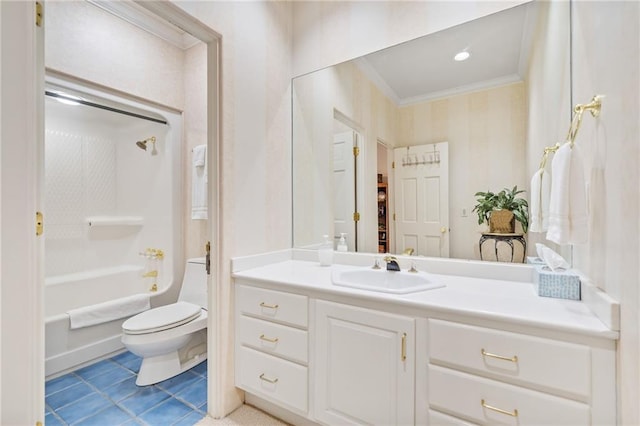 full bathroom featuring toilet, shower / bath combination, vanity, ornamental molding, and tile patterned floors