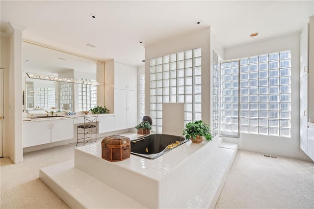 bathroom with a bathtub, visible vents, and vanity