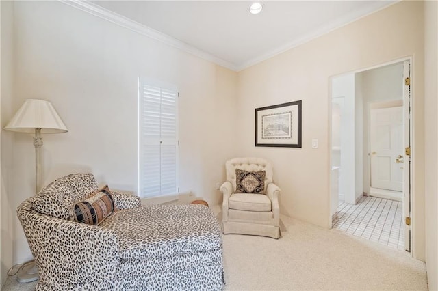 tiled bedroom featuring ornamental molding and carpet