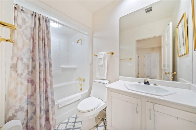 bathroom with toilet, visible vents, shower / bath combination with curtain, and vanity