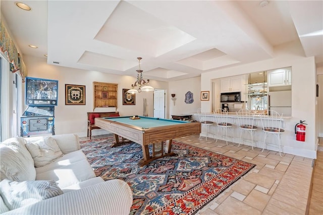 playroom featuring baseboards, pool table, stone tile flooring, and recessed lighting