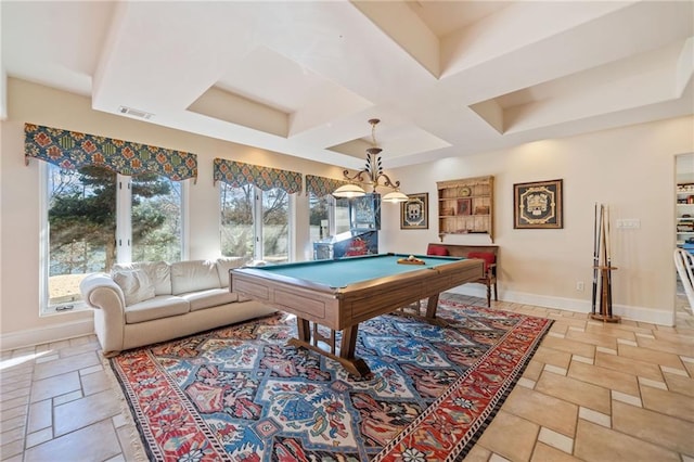 rec room featuring baseboards, visible vents, stone tile flooring, and pool table