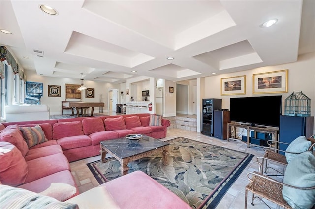 living room with coffered ceiling, recessed lighting, beverage cooler, and visible vents