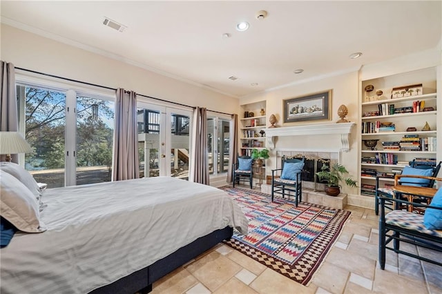 bedroom with access to exterior, french doors, visible vents, and crown molding