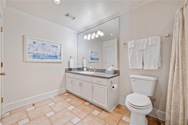 bathroom featuring toilet, vanity, visible vents, baseboards, and ornamental molding