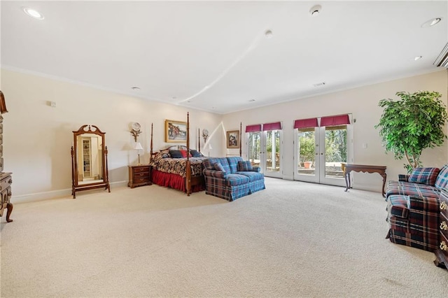 bedroom with access to outside, ornamental molding, carpet flooring, and french doors