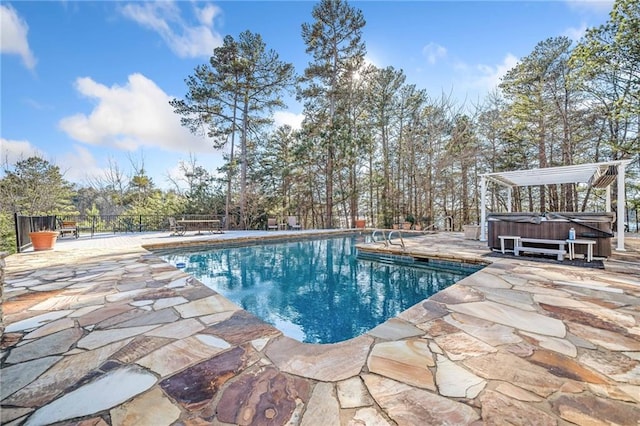 pool with a patio, a pergola, fence, and a hot tub