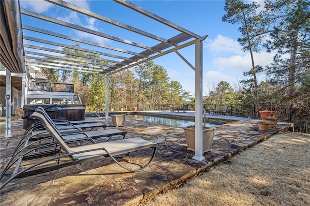 view of patio featuring an outdoor pool, fence, and a pergola