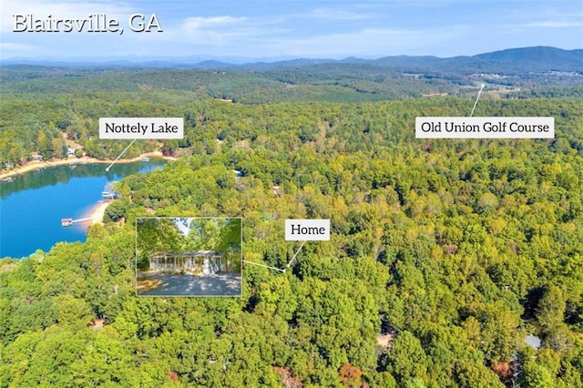 drone / aerial view featuring a water and mountain view