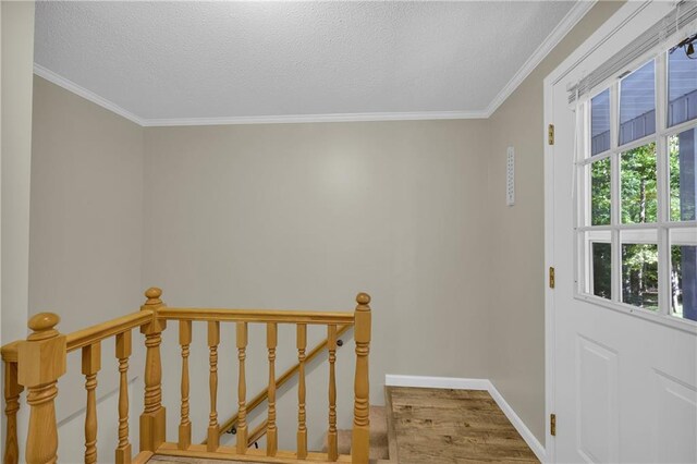 interior space featuring wood-type flooring, a textured ceiling, and crown molding