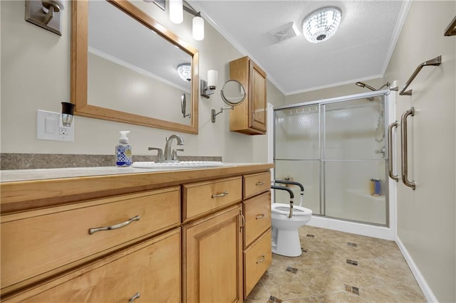 bathroom featuring vanity, toilet, an enclosed shower, and crown molding