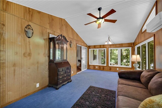 living room featuring carpet flooring, wooden walls, ceiling fan, and vaulted ceiling