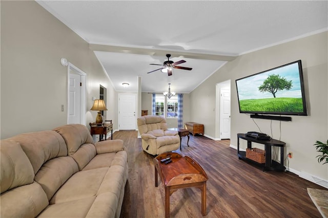 living room featuring ornamental molding, lofted ceiling with beams, ceiling fan with notable chandelier, and wood-type flooring