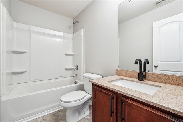 full bathroom with toilet, shower / bathing tub combination, vanity, and visible vents