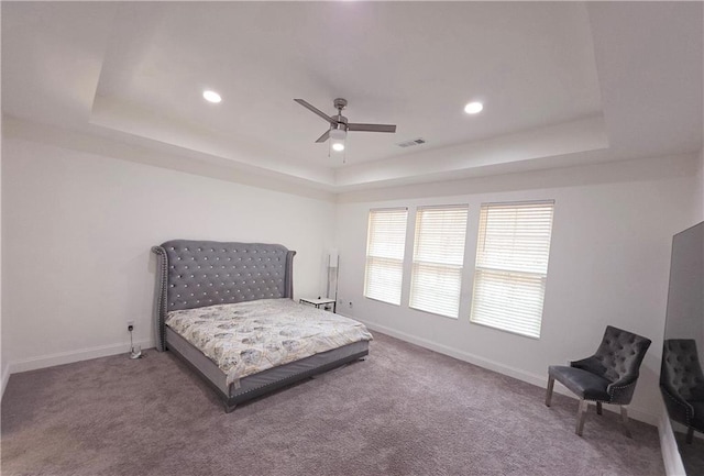 bedroom with a raised ceiling, ceiling fan, and carpet