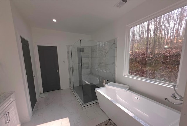 bathroom featuring vanity, a wealth of natural light, and independent shower and bath