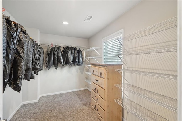 spacious closet with light carpet and visible vents