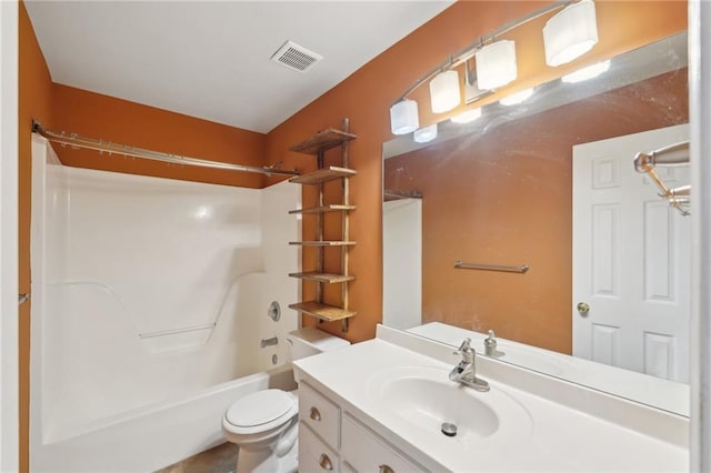 full bath featuring visible vents, vanity, toilet, and shower / bathtub combination