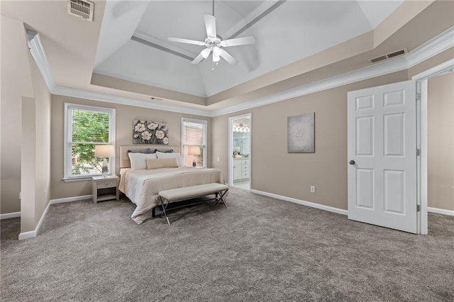 4648 Glenshire Pl, Atlanta, GA 30338 - carpeted bedroom with a raised ceiling, baseboards, ensuite bath, a ceiling fan, and ornamental molding