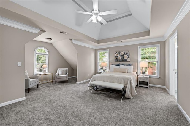 4648 Glenshire Pl, Atlanta, GA 30338 - carpeted bedroom with ornamental molding, a tray ceiling, baseboards, and ceiling fan