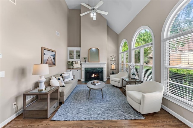 4648 Glenshire Pl, Atlanta, GA 30338 - living room with high vaulted ceiling, a ceiling fan, wood finished floors, a premium fireplace, and baseboards