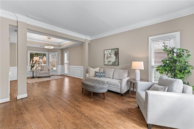 4648 Glenshire Pl, Atlanta, GA 30338 - living room featuring ornamental molding, wood finished floors, and wainscoting