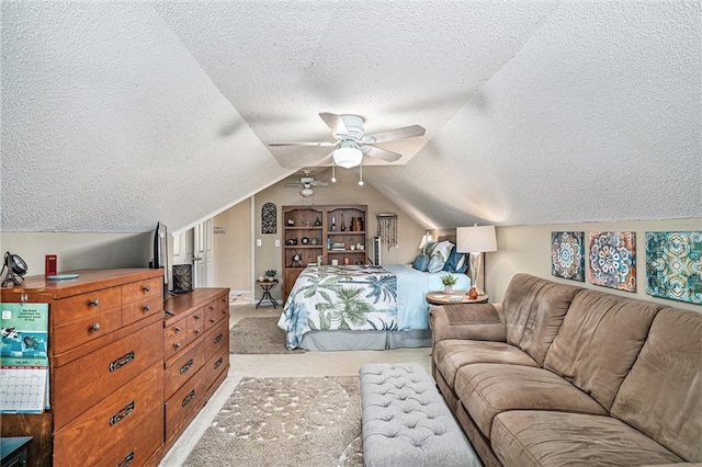 2130 Hampton Trl SE, Conyers, GA 30013 - bedroom with a textured ceiling, light carpet, vaulted ceiling, and a ceiling fan