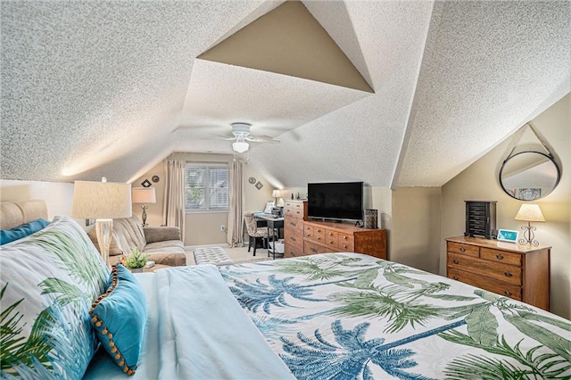 2130 Hampton Trl SE, Conyers, GA 30013 - bedroom with a textured ceiling, vaulted ceiling, and a ceiling fan