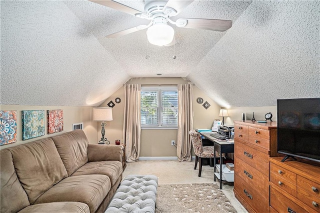 2130 Hampton Trl SE, Conyers, GA 30013 - office space with a textured ceiling, light colored carpet, vaulted ceiling, and a ceiling fan