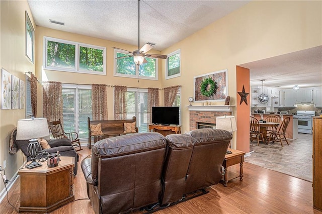 2130 Hampton Trl SE, Conyers, GA 30013 - living area with ceiling fan, a textured ceiling, healthy amount of natural light, a high ceiling, and wood finished floors