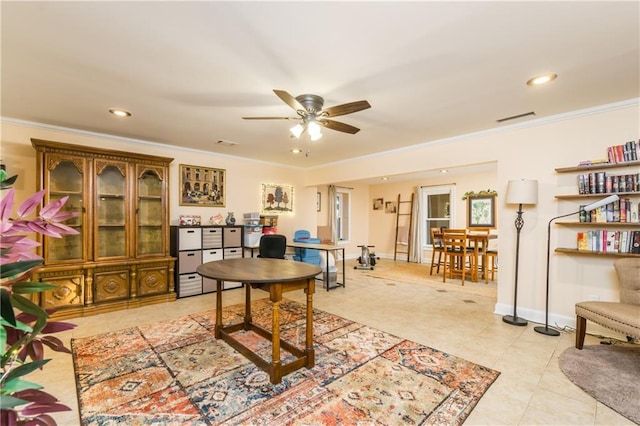 office space featuring baseboards, visible vents, light tile patterned flooring, crown molding, and recessed lighting