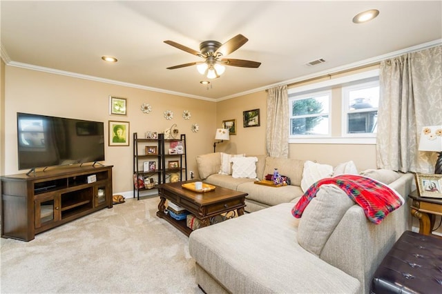 living area with recessed lighting, light colored carpet, visible vents, a ceiling fan, and crown molding