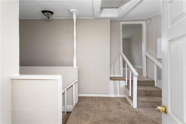 stairs featuring carpet and a textured ceiling