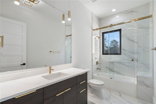 1678 Thomas Dr, Hoschton, GA 30548 - full bath featuring vanity, combined bath / shower with glass door, marble finish flooring, toilet, and recessed lighting