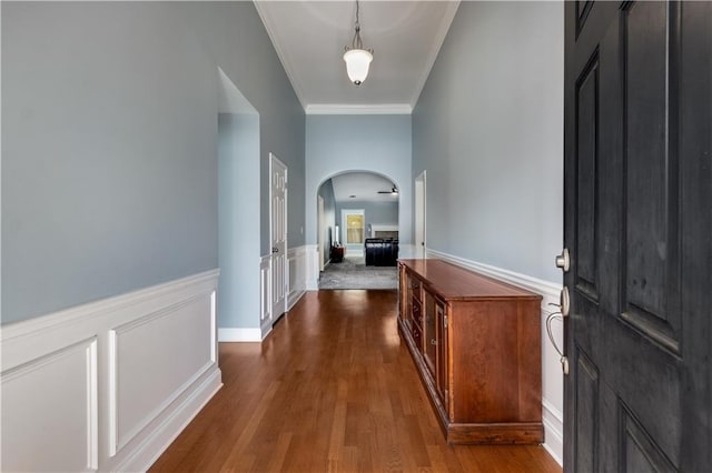 hallway featuring crown molding and dark hardwood / wood-style floors